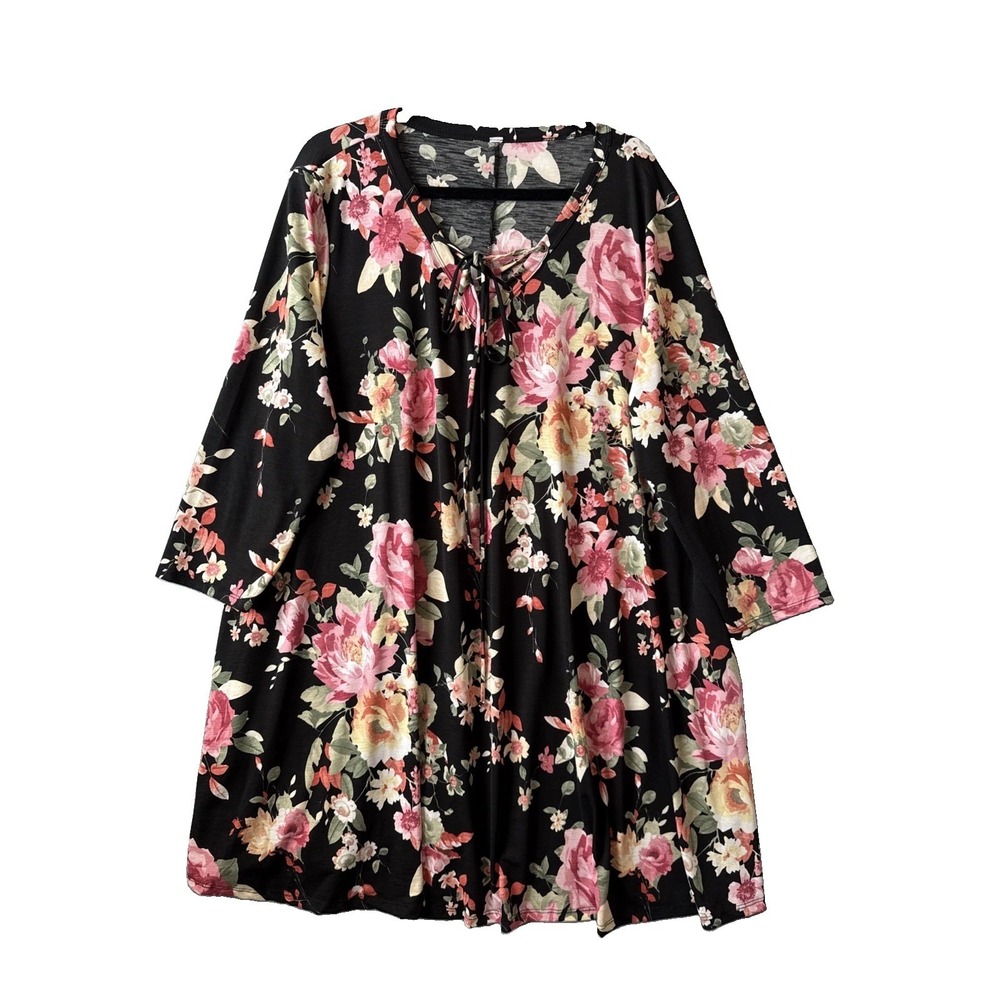 Jerri Floral Lace Up V Neck Tunic Dress XXL Pink Floral Cottagecore Boho Stretch